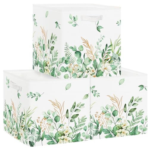 Clastyle 3 Stück Blume Kinder Aufbewahrungsbox Blätter Pflanzen Stoff Frau Mädchen Aufbewahrungskorb mit Griffen Spielzeug Aufbewahrungswürfel Organizer für Bücher Kleidung,Grün,30x30x30 cm