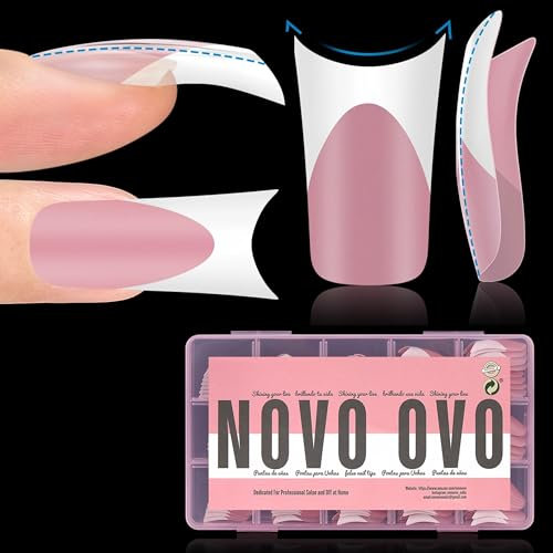 NOVO OVO Lot de 150 faux ongles blancs en acrylique avec lune, courbés, épais, moyens, longs, 15 tailles