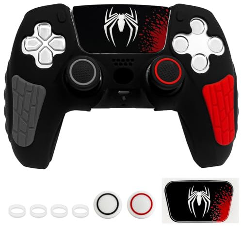 HLRAO Funda protectora antideslizante de silicona para PS5, diseño de araña negra y suave, compatible con mando PS5/Slim/Pro con 2 tapas de agarre para el pulgar, protectores de joystick, calcomanía