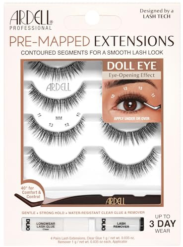 Ardell Pre-Mapped Eyelash Extensions Kit - False Lashes Doll Eye, Reusable Segmented Lash Strips, Long-Lasting with Lash Glue and Remover, 4 Pack