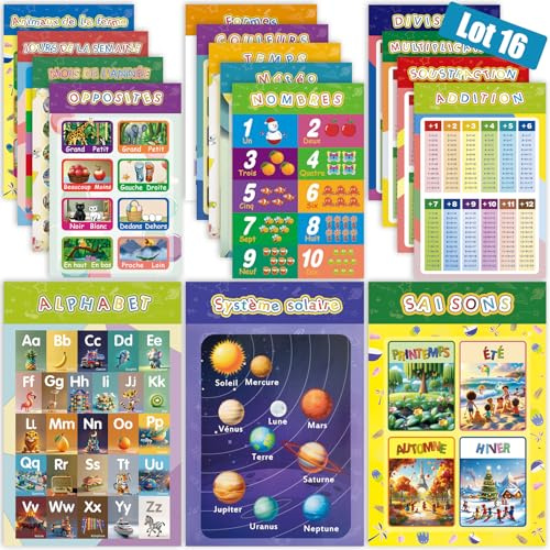 Lot de 16 Posters Alphabet Enfant 42x28 cm –Affiches Éducatives Français :Apprentissage complet : Alphabet,Chiffres,Calcul,Couleurs,Formes,Saisons,Temps,Univers –Décoration Murale pour Chambre