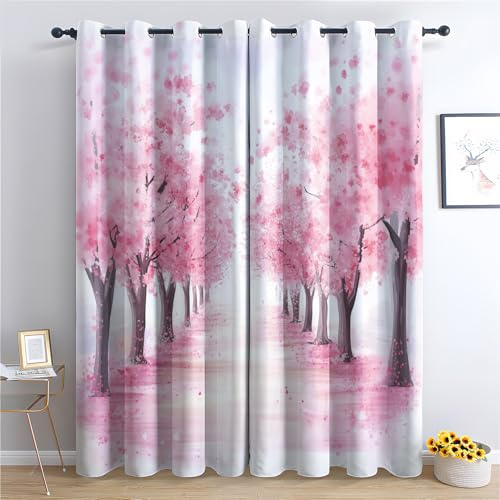Cherry Blossom Curtains for Bedroom 54 Drop, Pink Graffiti Tree Blackout Curtains for Living Room Home Decor, Eyelet Window Drapes, 46 x 54 Inch 2 Panels s60