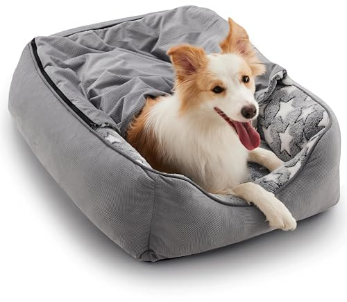 Heymamba Hundebett für große Hunde, Höhlen-Hundebett mit Abnehmbarer Decke, Flauschiges und Warmes Hundesofa, erhöhte Seiten, waschbar, geeignet für alle großen Hunde, 90x65x23cm
