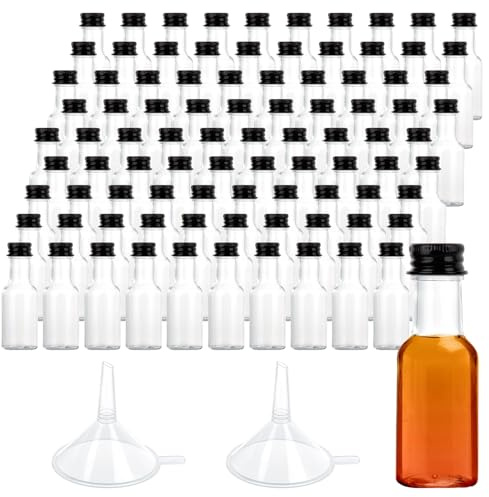 LOLYSIC 100Pcs 50ml Mini Plastic Bottles with Lids, Miniature Alcohol Bottles with Screw Caps & Funnels, Empty Mini Liquor Bottle Reusable Spirit Shot Bottle for Wedding Party Favors