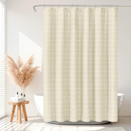 VANZAVANZU Rideau de Douche Bohème à Carreaux, Tissu Polyester-Lin à Carreaux, Revêtement Imperméable Rideaux de Douche pour Salle de Bain Style Campagnard Rustique Shabby Chic Neutre, 182 x 182 cm