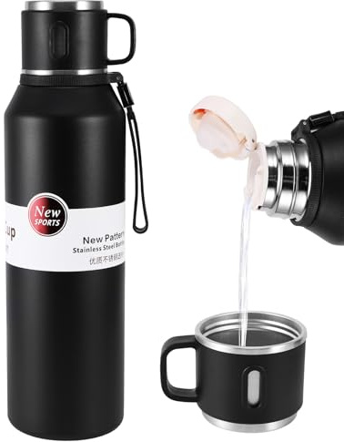 Vacuum Insulated Bottle 1.5L Stainless Steel Water Flask, Black | Double Wall Insulation, Multifunctional Cup Lid, For Hot & Cold Drinks, Outdoor Home Office Use