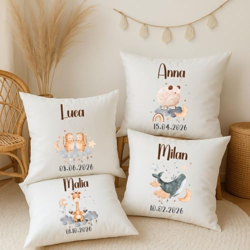 wolga-kreativ Personalisiertes Kinderkissen mit Sternzeichen Name und Geburtsdatum 40x40 cm Tiermotiv Fuer Maedchen und Jungen mit Fuellung Namenskissen Geschenk zur Geburt Taufe Geburtstag