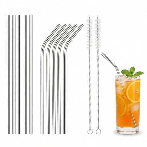 Metal Straws 10-Pack, QIANSSE 5 Straight & 5 Bent Reusable Straws with 2 Brushes Dishwasher Safe Drinking Straws for Cocktails, Coffee, Glasses & Mugs
