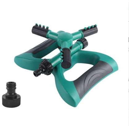 Aspersor con estaca de plástico, 3 patrones de pulverización, aspersores de 360°, aspersor de agua ajustable de 3 brazos, aspersores giratorios giratorios para patio, verde, 1 paquete