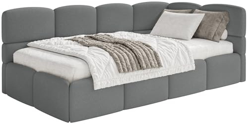 Selsey Jugendbett 120x200cm Dunkelgrau Chenille Stoff mit Matratze und Lattenrost, Polsterbett mit Stauraum und Bettkasten, gepolstertes Kinderbett 120x200, Jugendbett rechtsseitig mit Eckkopfteil