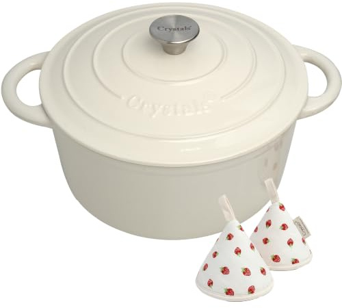 Crystals Cast Iron Round Casserole Dish with Lid, 26 cm / 28 cm Stock Pot, Enameled Cast Iron Dutch Oven, Cooking Pot for Induction, Gas & Oven, Stew, Soup, Bread & Roasting (Creme White, 26cm)