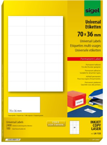 SIGEL LA132 Universal-Etiketten selbstklebend, bedruckbar, weiß, 70 x 36 mm, 2400 Etiketten = 100 Blatt