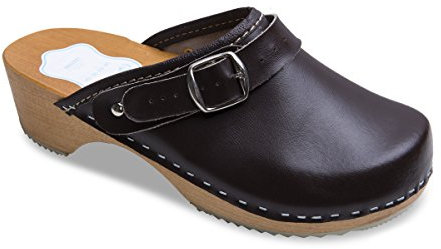 FUTURO FASHION® - Zuecos de Cuero auténtico con Suela de Madera - para Mujer - Colores Lisos Unisex - Tallas 36-42 - Marrón - 42 EU