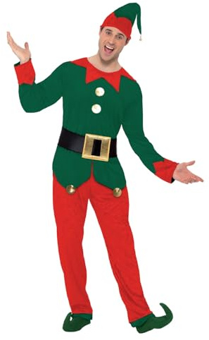 Smiffys Elf Costume, Red & Green with Top, Trousers, Hat & Belt, Christmas Adult Fancy Dress, Elf Dress Up Costumes