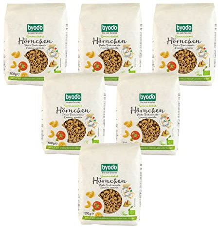 Byodo Sommerdinkel Hörnchen semola 6er Pack (6x 500g) - Bio Dinkel-Nudeln, italienischer Emmergrieß, bronzegezogen, idealer al dente Biss, schnelle Kochzeit, Premium Bio-Qualität