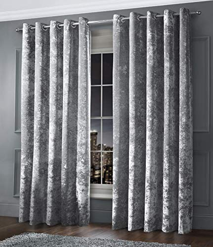 Intimates Luxury Thermal Crushed Velvet Silver Grey Ringtop Pair of Curtains (46 Wide x 72 Drop)