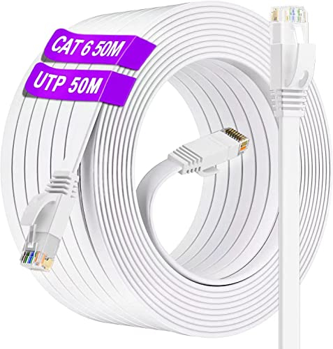 Cavo Ethernet 50 metri, Esterno Interno Cavo LAN 50m Cat 6 Piatto Lungo Cavo di Rete, Alta Velocità RJ45 Cavo Internet 250MHz 1000Mbps, Bianco Gigabit UTP Cavo Patch per Router Modem Switch (50 Clips)
