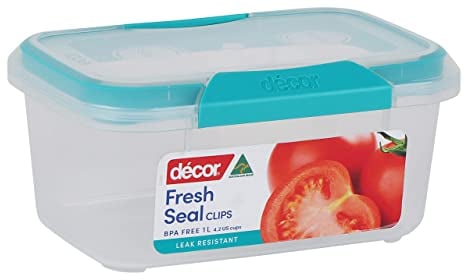 Décor Fresh Seal Clips Food Storage Container, BPA-Free, Airtight & Leak Resistant, Ideal For Meal Prep, Container With Silicone Seal Secure Clips & Lid, Microwave, Freezer & Dishwasher Safe, Teal, 1L