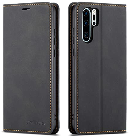 QLTYPRI Case for Huawei P30 Pro, Premium PU Leather Cover TPU Bumper with Card Holder Kickstand Hidden Magnetic Adsorption Shockproof Flip Wallet Case Compatible with Huawei P30 Pro - Black