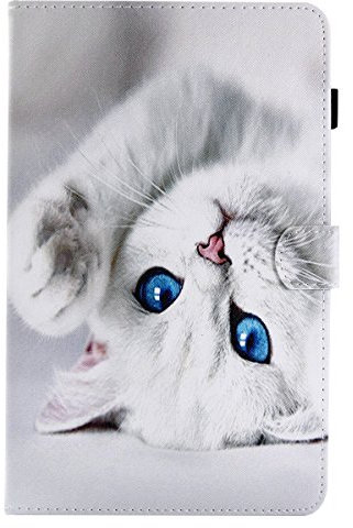Lspcase Coque Samsung Tab A6 10.1 SM- T580 / SM-T585, Housse PU Cuir Coque Flip Cover Stand Etui de Fonction Réveil/Sommeil Automatique pour Samsung Galaxy Tab A 10.1 Pouces 2016 Chat Blanc Mignon