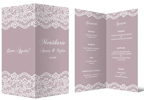 10 x Hochzeit Menükarten individuell mit Speisen und Getränken DIN Lang Klappkarten - Spitze in Lila