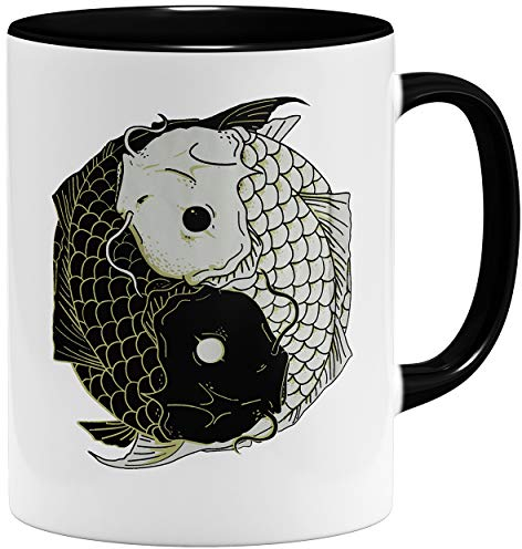 OM3® Fisch Yin Yang Logo Kaffee-Tasse | Keramik Becher | 11oz 325ml | Beidseitig Bedruckt | Schwarz