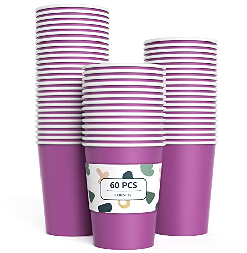 Lot de 60 gobelets en carton jetables biodégradables et compostables pour fête, anniversaire, bricolage - Violet - 266 ml