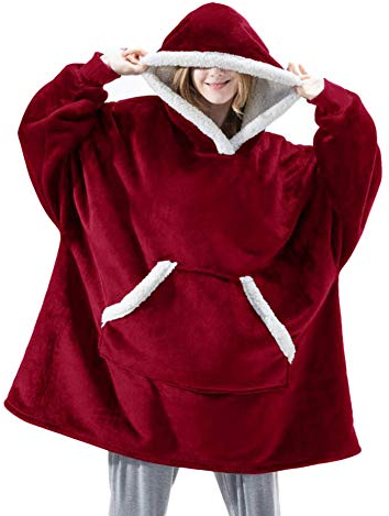 Sweat à Capuche Couverture Pull Capuchon Sherpa Peluche à Manches TV Plaid Couvertures Adulte Femme Homme Unisexe Rouge