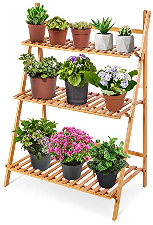 Ejoyous Bambus Blumentreppe, 3-stufige Pflanzenregale Pflanzenregal Blumenständer mit Multi-Lamellen-Spleißdesign Für Innenbalkon Wohnzimmer Gartendekoration 70 x 40 x 96 cm(Holzfarbe)