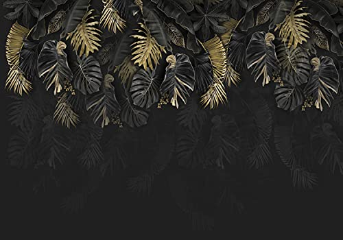 wandmotiv24 Fototapete Blätter Vintage grau, XXL 400 x 280 cm - 8 Teile, Wanddeko, Wandbild, Wandtapete, gold Palmen retro M6720