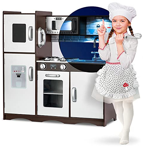RICOKIDS Spielzeugküche aus Holz, 92x82,5x30cm, inkl. Zubehör und LED-Licht, stabil, langlebig, kindersicher