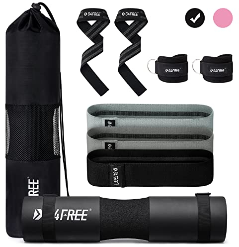 G4Free 9er Set Langhantel Polster/Nackenpolster/Barbell Pad für Kniebeugen/Hip Thrusts/Lunges/Olympic Barbell mit 2-Gym-Knöchel-Sicherheitsgurten&3-Hüft Widerstandsbänder & 2-Fitnessband