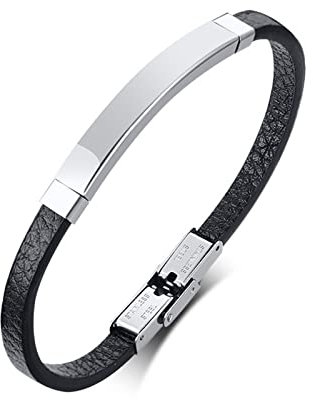 Skcess Lederarmband Männer Schwarzes Silber,Blankes Mikrofaser-Lederarmband Mit Gebogenem Etikett Rostfreier Stahl Männer Armband 20.5cm