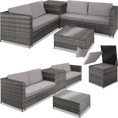 TecTake® Ensemble Salon de Jardin Exterieur en Poly Rotin 4 Personnes, 2 Canapés modulables, Coffre de Rangement et Table de Jardin en Verre Inclus, Mobilier de Jardin pour Amenagement Balcon