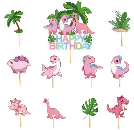 11Pcs Pink Dinosaur Happy Birthday Cake Toppers,Dinosaur Cake Toppers for Girls,GirlsDinosaur Birthday Cake Decorations Cupcake Toppers for Girls,Kids,Baby Shower BirthdayDinosaur Party Supplies