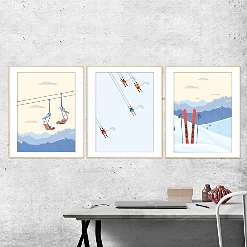 iYoucase Wintersport Skifahren Wand Bilder Leinwand Gemälde Retro Reise Skifahren Posterdruck Im Schnee Berg Bilder Winter Heimdekoration 50x70cmx3 Ungerahmt, Schwarz,Gold,Weiß