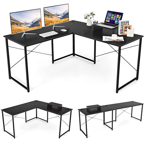 COSTWAY L-Shaped Computer Desk, 240cm Reversible Double Study Writing Workstation for 2 Person, Large Long Corner Home Office Desk Wooden PC Laptop Gaming Table with Monitor Stand (Black)