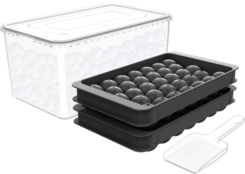 WIBIMEN Ice Cube Tray with Lid and Bin - Round Ice Trays for Freezer with Lid - Ice Cube Trays for Freezer with Ice Container (0.8-2PACK Black)