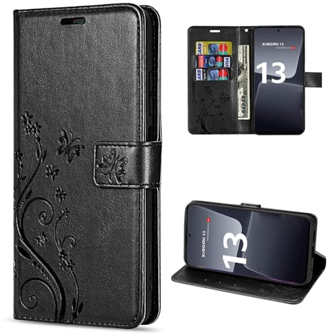 betterfon Hülle Kompatibel mit Xiaomi 13 | Premium PU Leder Handyhülle Wallet Case für 13 | Schutzhülle Blumen Klapphülle Handyhülle | Schwarz
