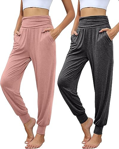 Locoowai Lot de 2 pantalons de jogging de yoga pour femme, pantalons de survêtement confortables avec poches, décontracté, ample et confortable, taille haute, Gris foncé, rose, Taille M