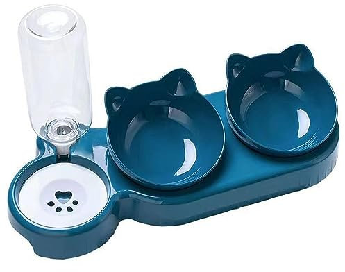 Fonowx 3 in 1 Cat Bowl Set Pet Feeding Bowls, Cat Bowls With Stand Tilted 15°, Food And Water Feeder Bowls,Double Cat Bowls for Small Medium Dogs Cats, Dark Blue