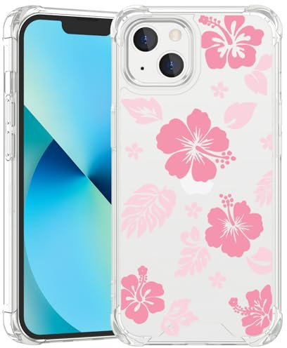 Axulimin for iPhone 13 Mini Case Clear Cute Kawaii Pink Hibiscus Hawaiian Flower Floral Aesthetic Phone Case for Girls Preppy Women