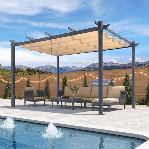 PURPLE LEAF Pergola 3 x 4 m Wasserdicht Stabil Winterfest, Aluminium Garten Pavillon mit Schiebedach, Terrasse Pavillon Dunkelgrau Rahmen mit Sonnenschutz Überdachung, Beige