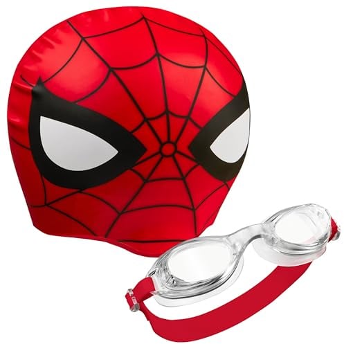 Marvel Occhialini da Nuoto per Bambini - Set Occhialini da Piscina Anti-Appannamento e Cuffia Nuoto Avengers Spiderman (Rosso Spiderman, 6-14 Anni)