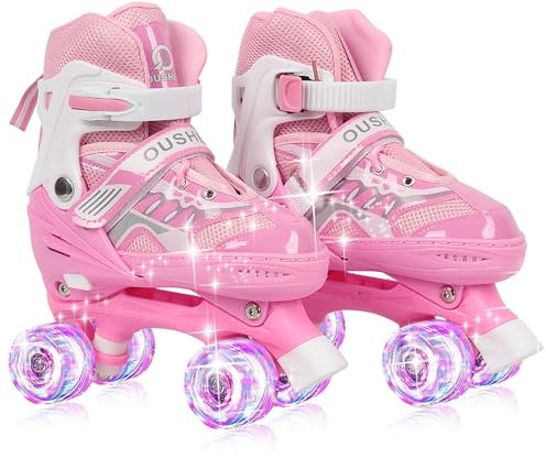 MUL-BOUTIQUE Patins à roulettes Roller Quad Enfant, Roller Enfant Garcon Classiques pour Débutants, Patins à roulettes Quad Réglables avec Roues Éclairées (Rose(Éclair), M)