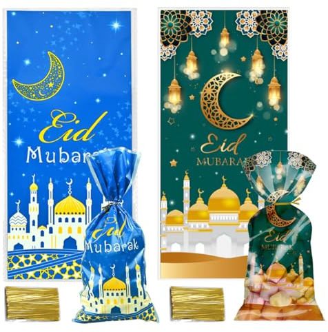 100 Stück Eid Mubarak Plätzchentüten, Ramadan Thema Süßigkeiten Tüten mit 100 Twist Krawatten, 2 Muster Ramazan Bonbons Geschenk Tasche, Moschee Laterne Geschenktüten für Eid Mubarak Party
