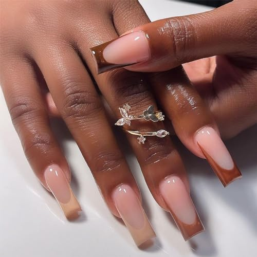 24pcs Long Square Press on Nails French Tip With Brown Edge - Nude Pink Full Cover False Nails for Women - Removable Bridal Art Accessories