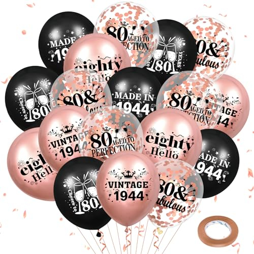Luftballons 80. Geburtstag 18 Stück Roségold Schwarz 1944 Ballons 80. Party Dekorationen 12 Zoll Konfetti Latex Luftballons Geburtstag Party Deko für Frauen 80. Geburtstag Jubiläum Party