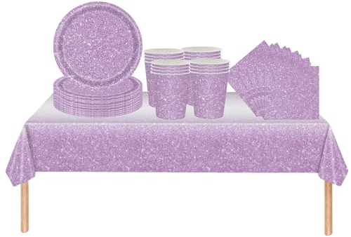 ZSYIULIA 53Pcs Sparkling Purple Party Tableware Decorations for Boys Girls Party Decor,Soild Shinny Golden Birthday Party Table Cloth, Paper Plates 7inch Cups Napkins for Kids Birthday Party Favor
