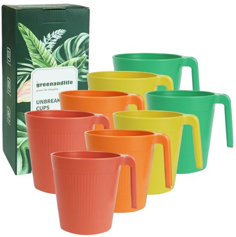 greenandlife Unbreakable Drinking Cups, 500ml Plastic Reusable Coffee Mug with Handle, Set of 8, Plastic Tumblers for Camping, Party, Travel, RV, Dishwasher and Microwave Safe